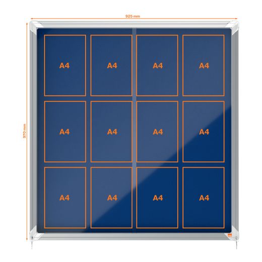 Vitrine interne Nobo. Porte courante et surface en tissu bleu. Deux tailles