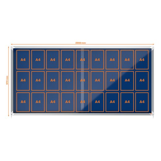 Vitrine interne Nobo. Porte courante et surface en tissu bleu. Deux tailles