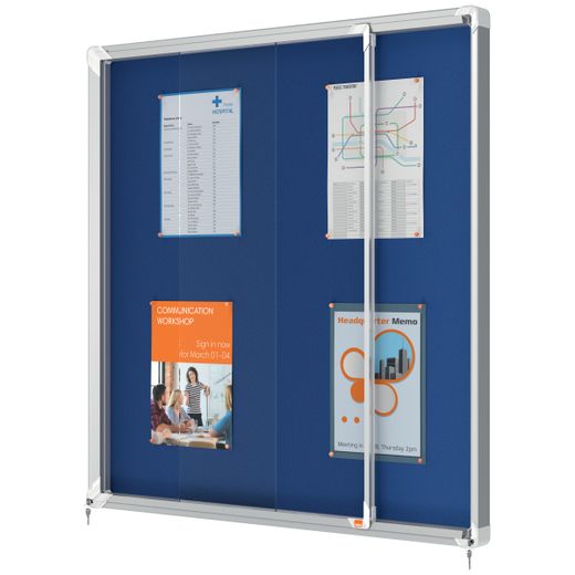 Vitrine interne Nobo. Porte courante et surface en tissu bleu. Deux tailles