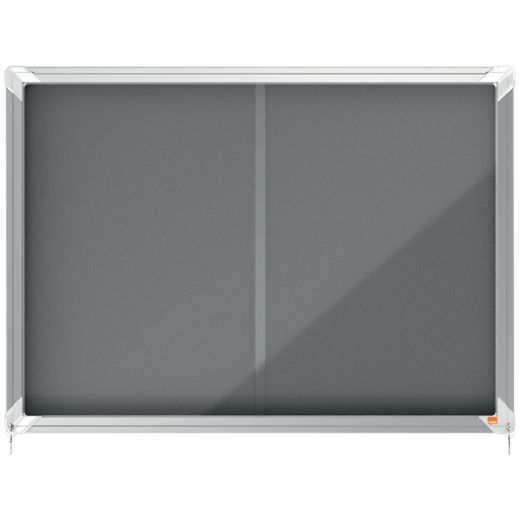 Vitrine interne Nobo. Porte courante et surface en tissu bleu. Deux tailles