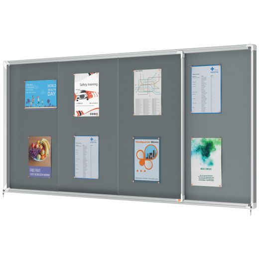 Vitrine interne Nobo. Porte courante et surface en tissu bleu. Deux tailles
