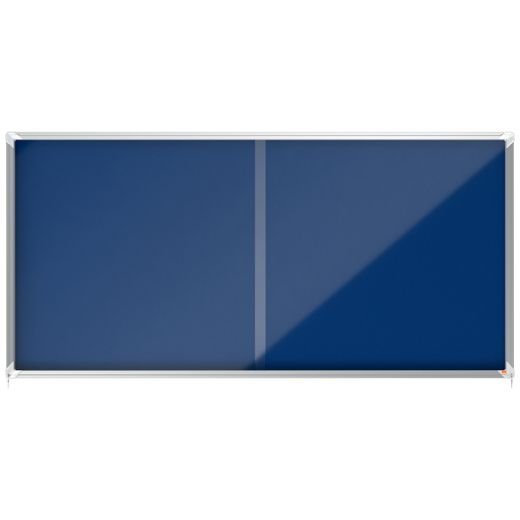 Vitrine interne Nobo. Porte courante et surface en tissu bleu. Deux tailles