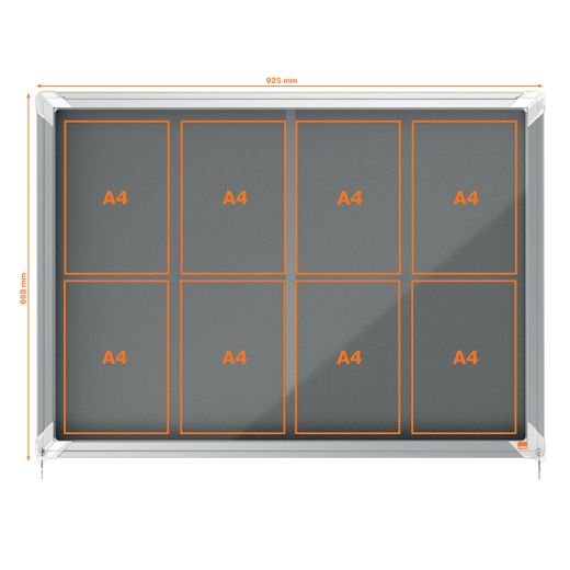 Vitrine interne Nobo. Porte courante et surface en tissu bleu. Deux tailles