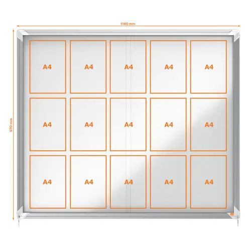 Vitrine interne Nobo. Support coulissant et surface magnétique. Quatre tailles