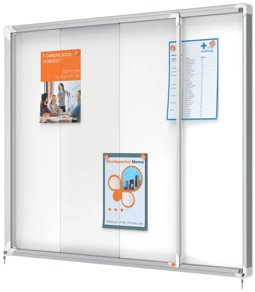 Vitrine interne Nobo. Support coulissant et surface magnétique. Quatre tailles
